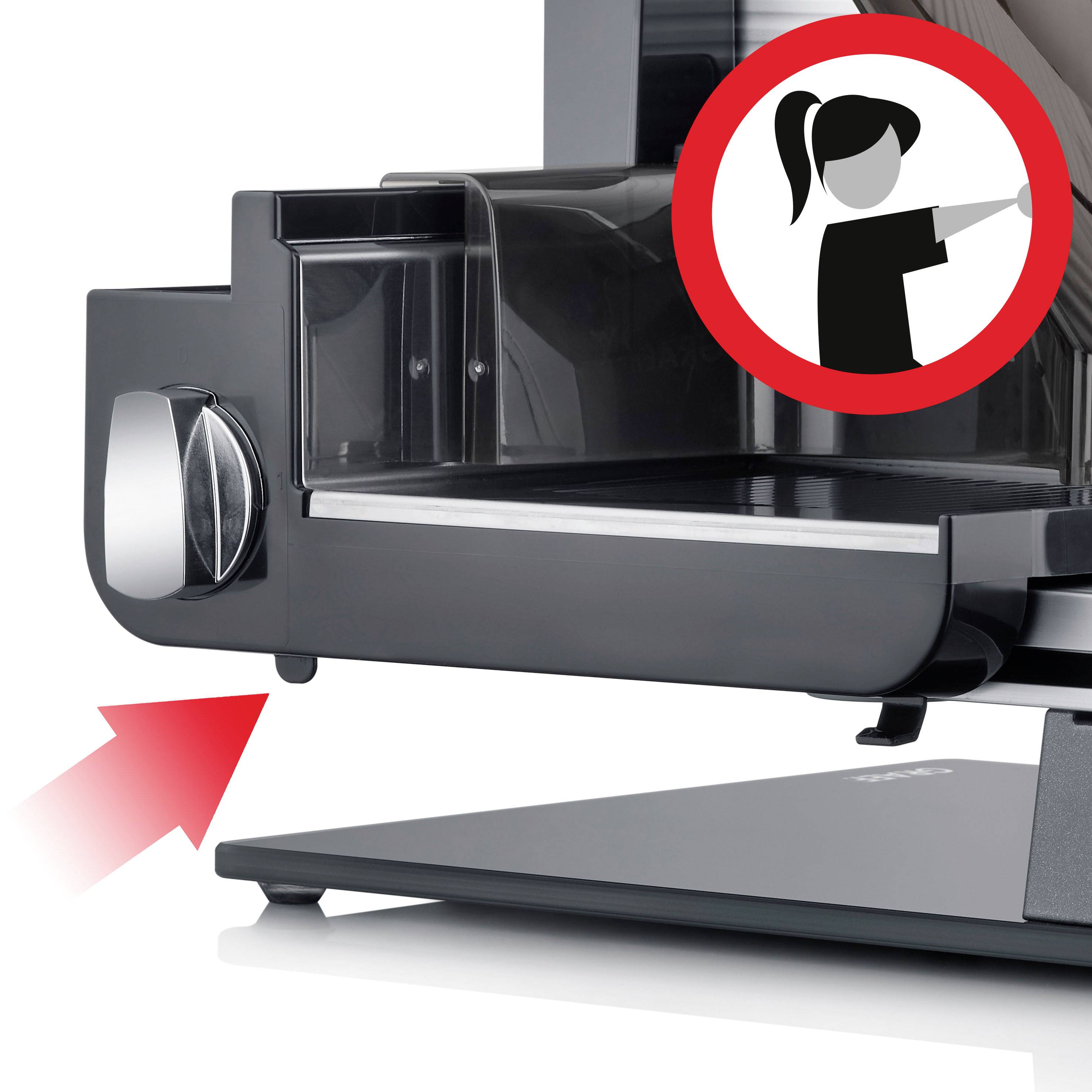 Ein grauer Drucker mit geöffneter Papierablage. Ein roter Pfeil weist auf einen Hebel. Symbol warnt vor Gefahren für Haare.