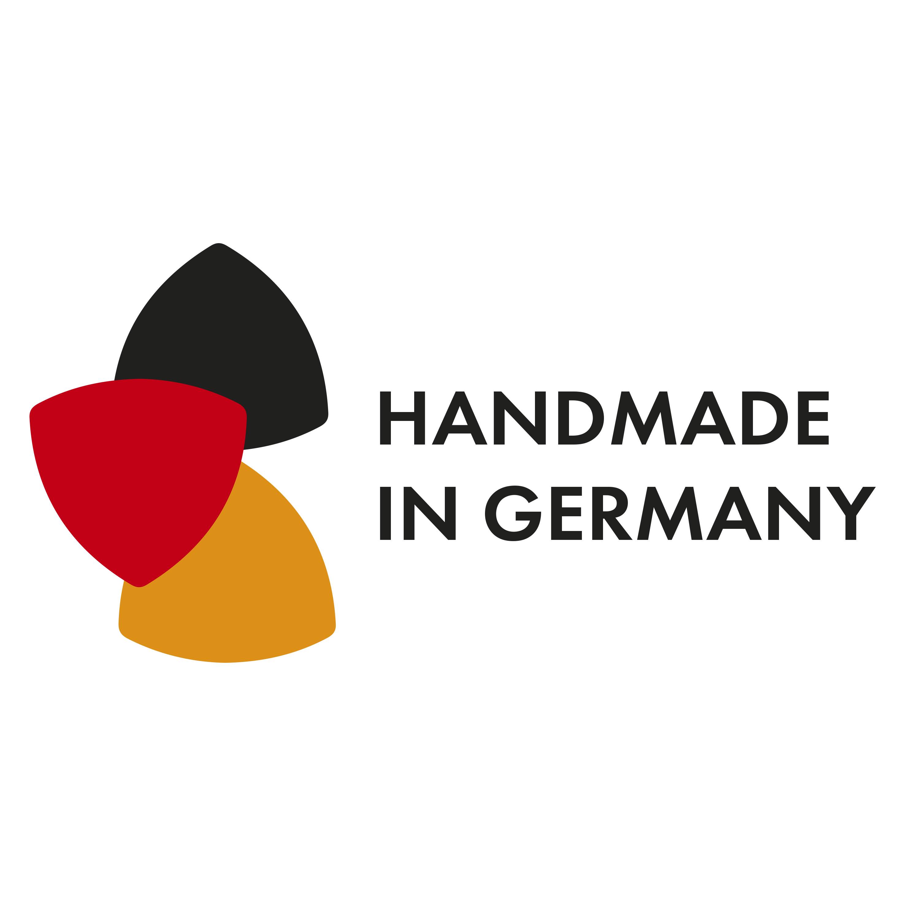 Dreifarbige Grafik in den Farben der deutschen Flagge neben dem Text 'Handmade in Germany'. Symbolisiert deutsche Handwerkskunst.