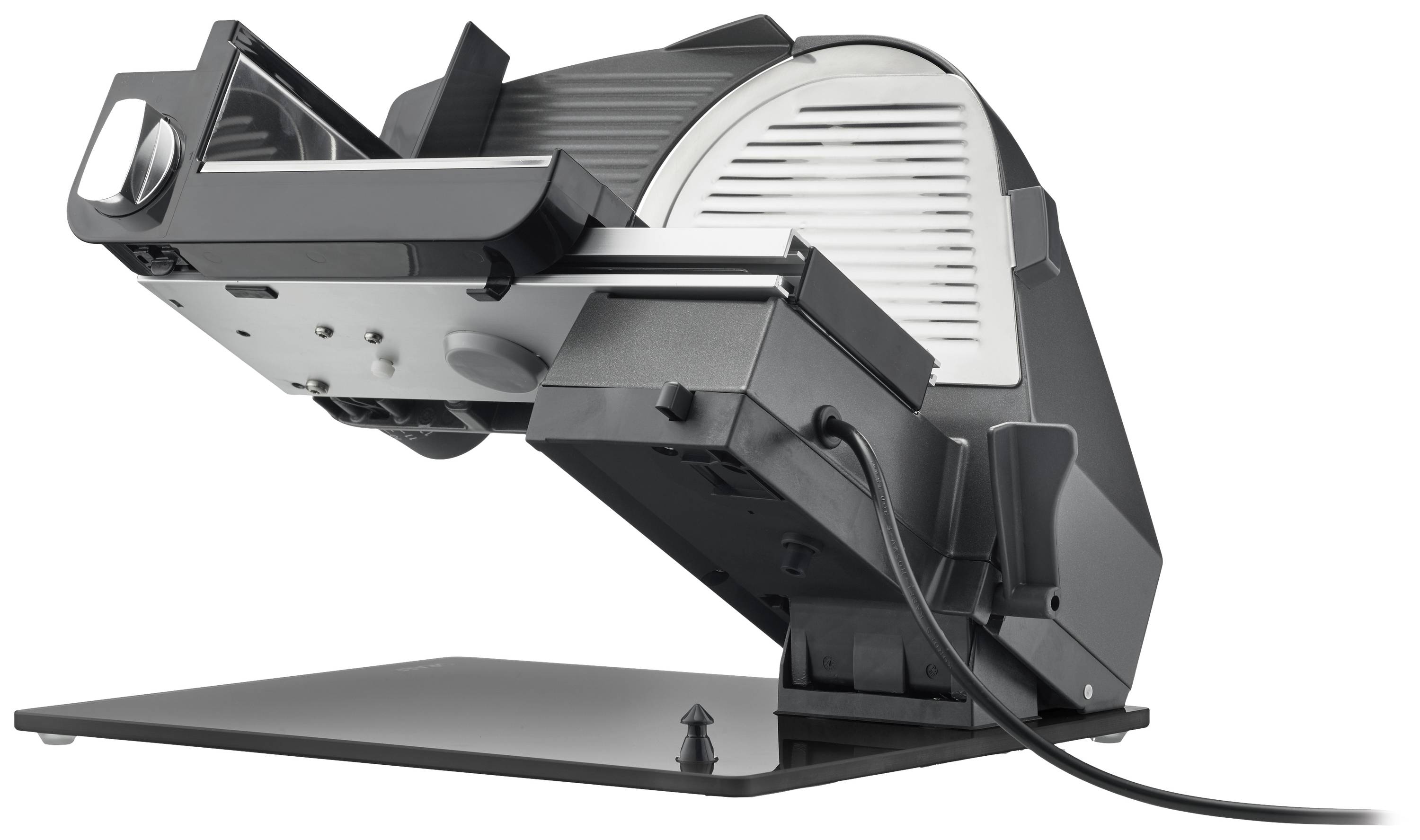 Schwarz-silberner elektrischer Allesschneider mit einem gezackten Rundmesser; geeignet zum Schneiden von Brot, Wurst und Käse.