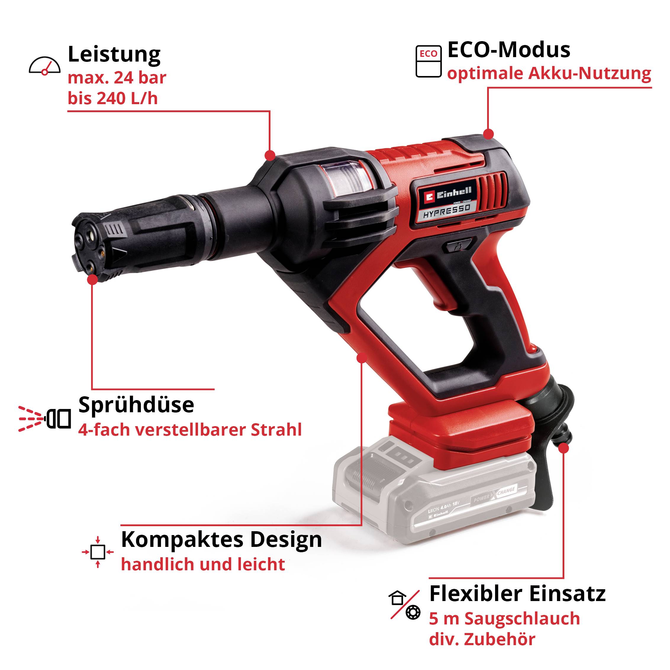 Einhell HYPRESSO 18/24-1 Power X-Change Akku-Hochdruckreiniger 24 bar Kaltwasser