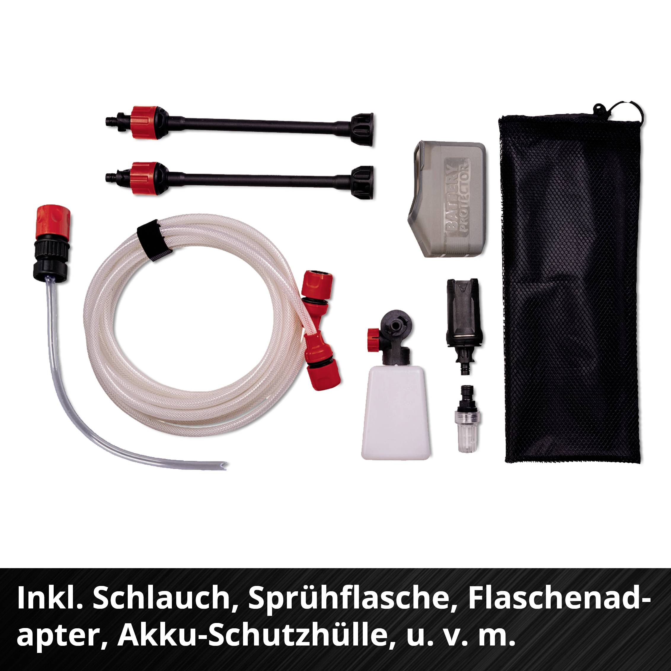 Zubehörset mit Schlauch, Sprühflasche, Flaschenadapter, Akku-Schutzhülle und mehr.