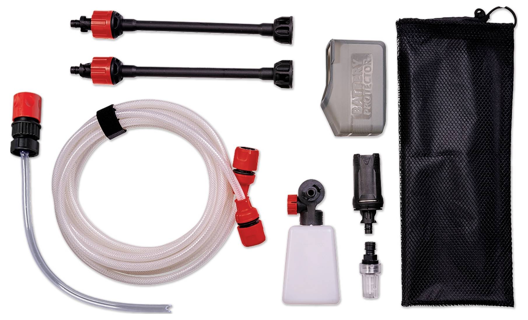 Set für Reinigungs-/Spülzubehör mit Schläuchen, Adaptern, Flasche, Klemme und Aufbewahrungstasche auf weißem Hintergrund.