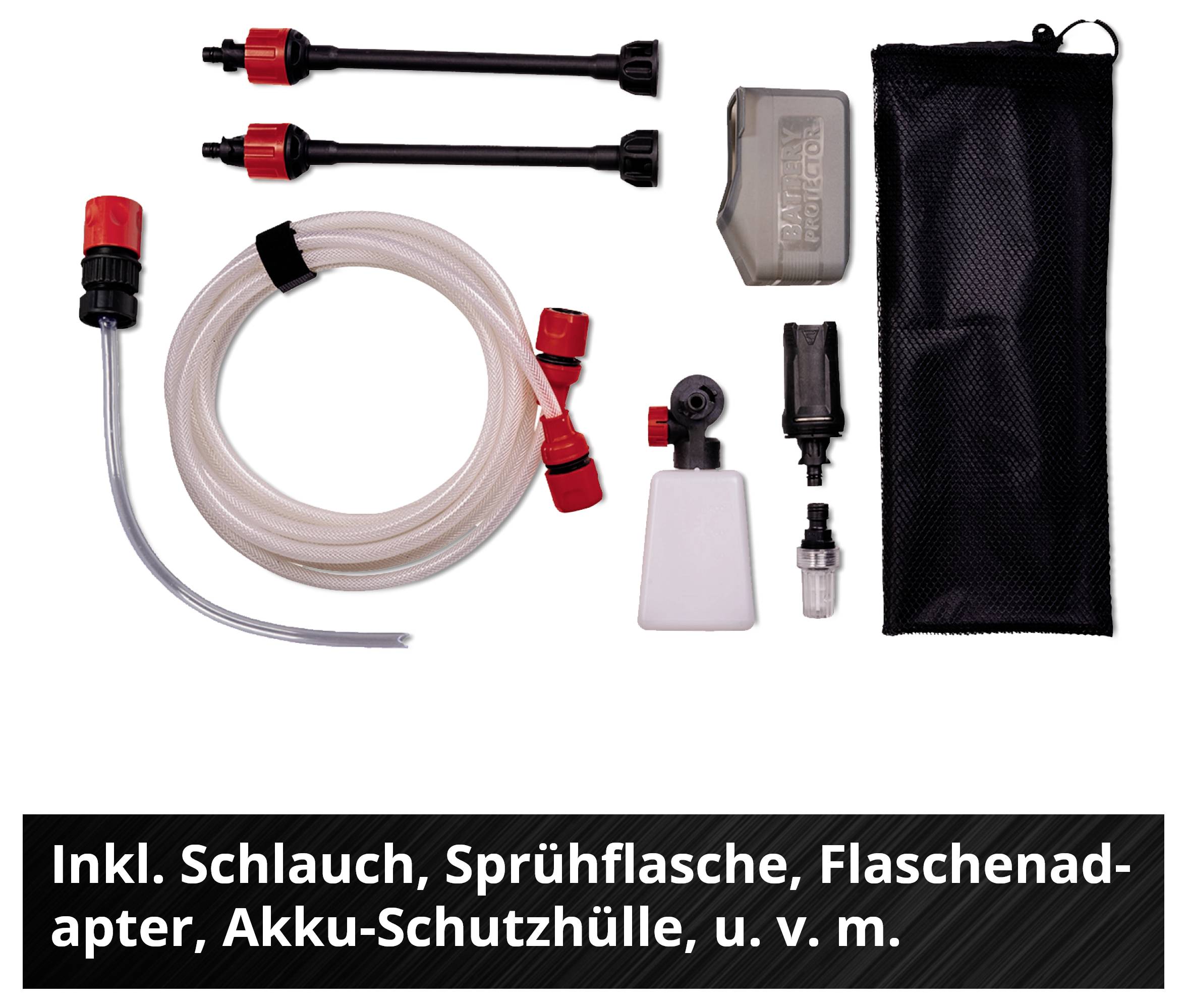 Set mit Schlauch, zwei Sprühstäben, Sprühflasche, Flaschenadapter und Schutzhülle; unten Text: 'Inkl. Schlauch, Sprühflasche, Flaschenadapter, Akku-Schutz hülle, u. v. m.'