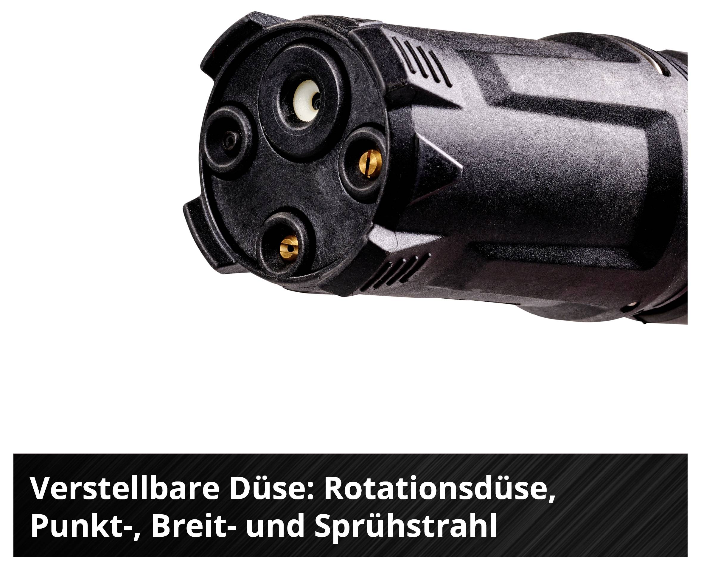 Verstellbare Düsenkopf eines Hochdruckreinigers mit Einstellungen für Rotations-, Punkt-, Breit- und Sprühstrahl.