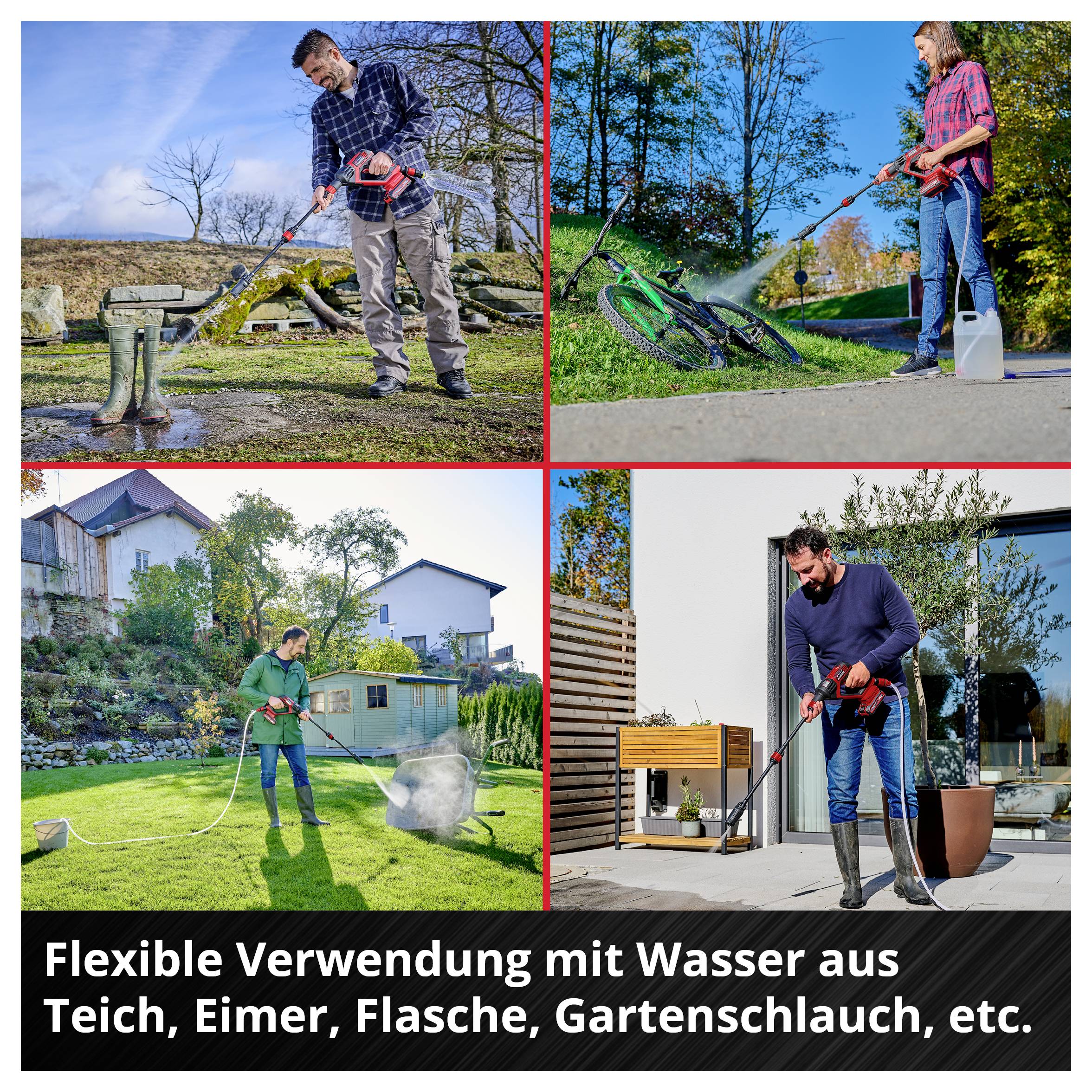 Vier Fotos zeigen Personen, die mit einem tragbaren Hochdruckreiniger Wasser aus Teich, Eimer, Flasche oder Gartenschlauch nutzen; darunter der Text 'Flexible Verwendung mit Wasser aus Teich, Eimer, Flasche, Gartenschlauch, etc.'