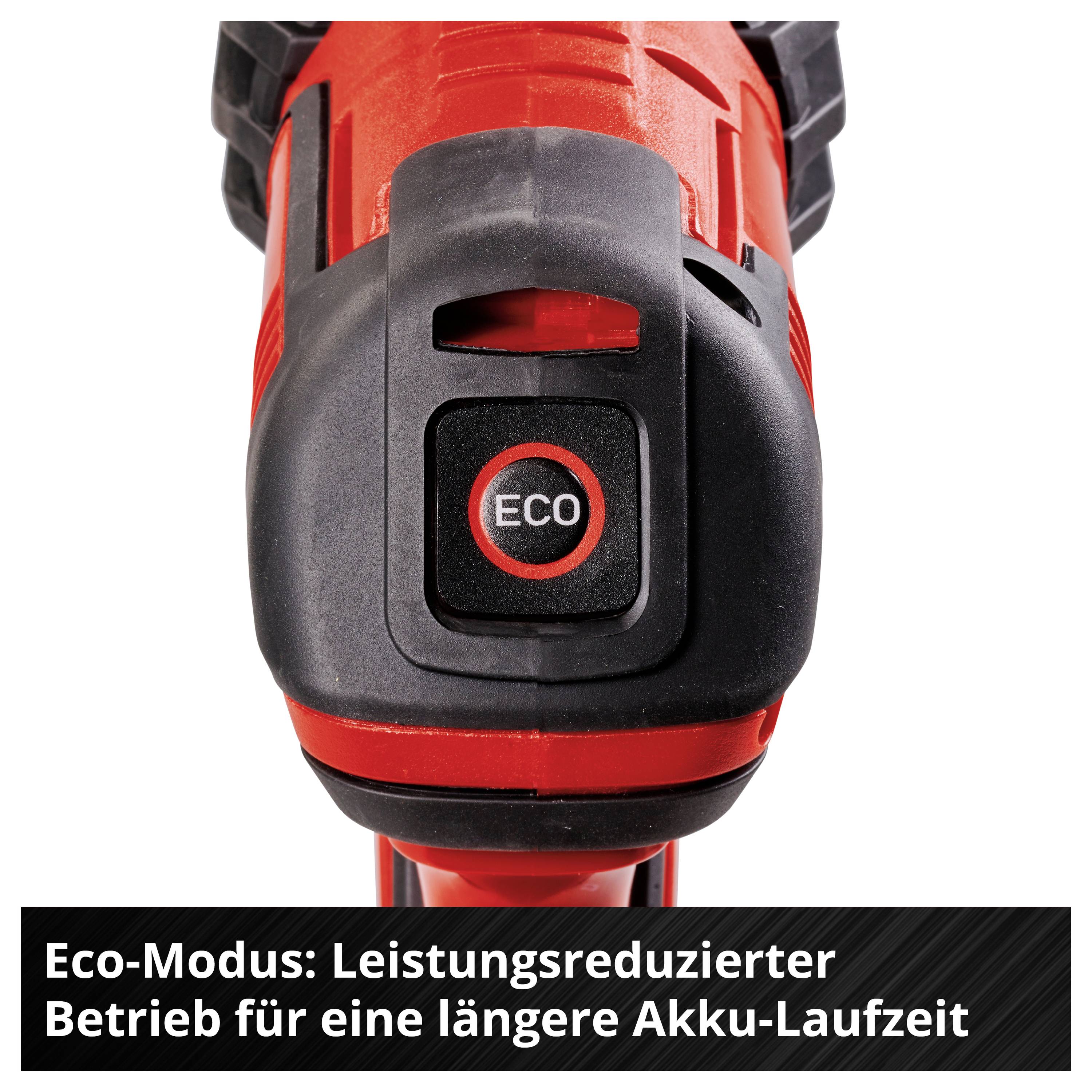 Nahaufnahme eines roten Elektro-Werkzeugs mit aktiviertem 'ECO'-Schalter; Hinweis unten: 'Eco-Modus: Leistungsreduzierter Betrieb für eine längere Akku-Laufzeit'.