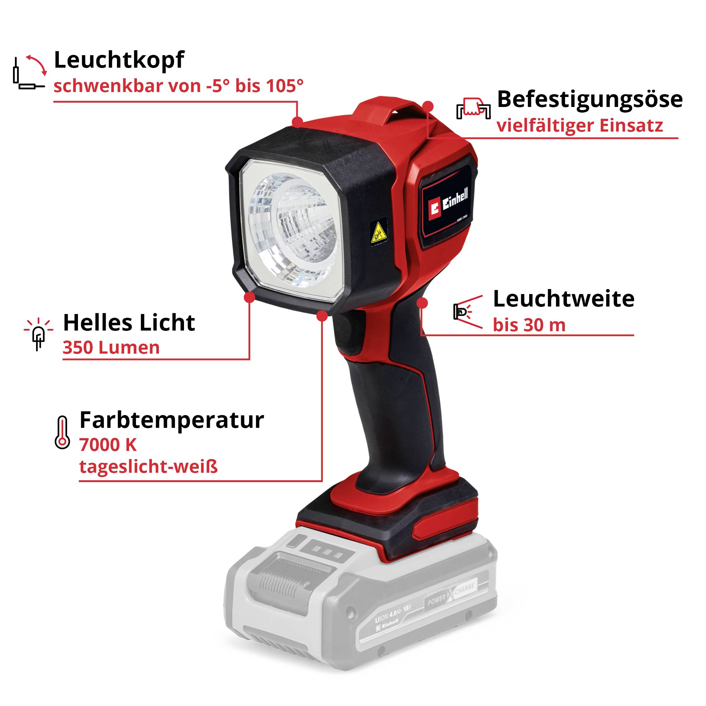 Einhell 4514175 TC-CL 18/350 Li - Solo Power X-Change Akkubetriebenes LED-Leuchtmittel Handlampe Li-Ionen Akkus 5W 350lm Anzahl