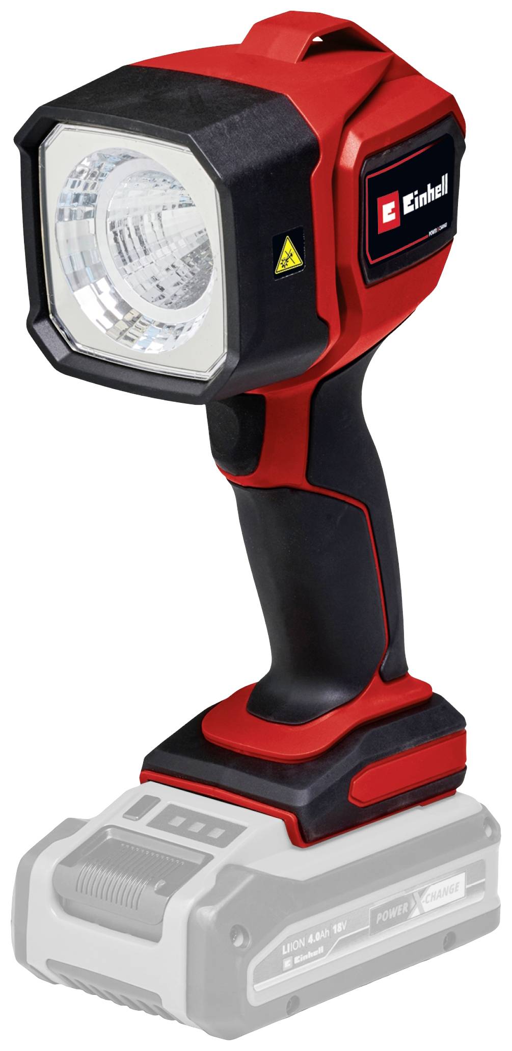 Rot-schwarze LED-Lampe von Einhell, stehend auf einem Akkusockel. Sie hat einen rechteckigen Scheinwerferkopf und ergonomischen Griff.
