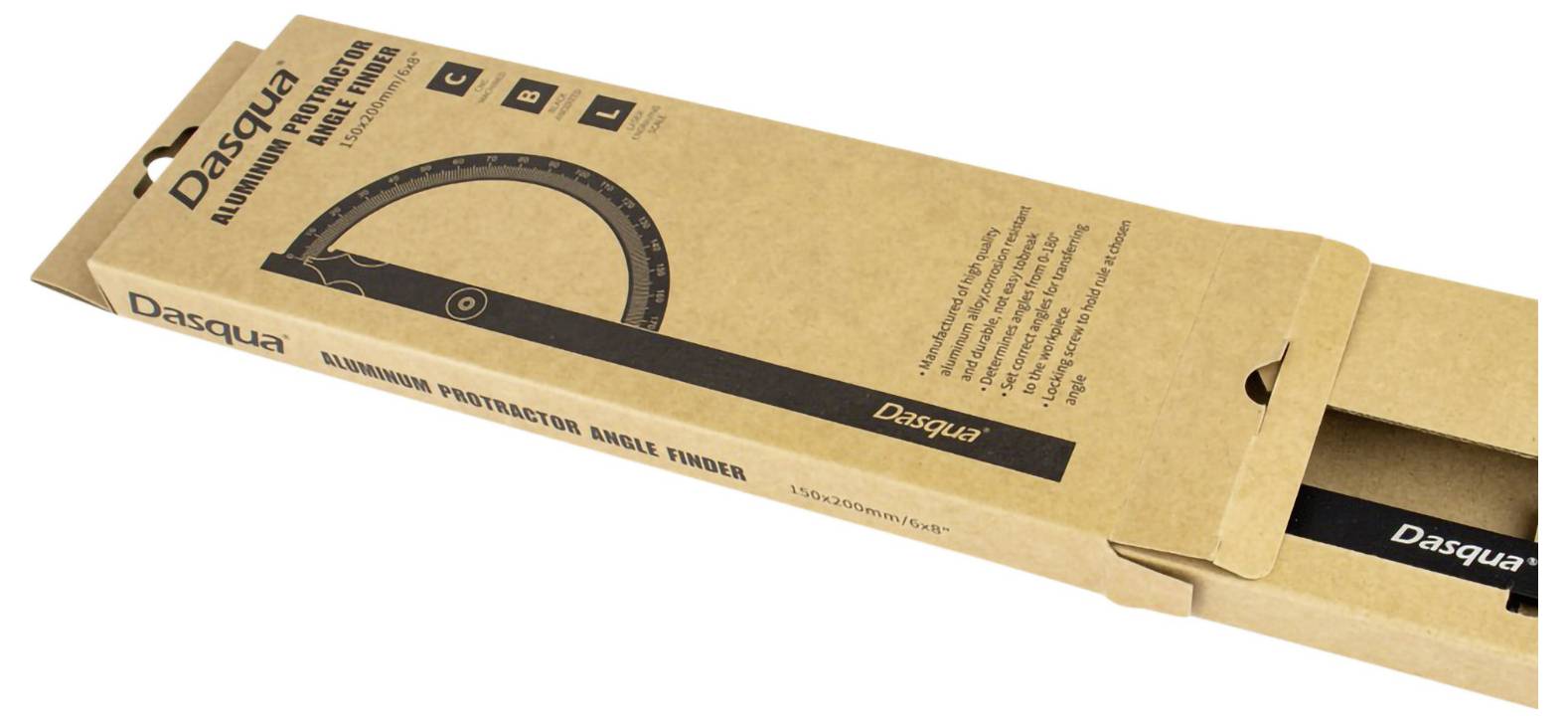 Aluminiumbox mit Winkelmesser 'Aluminum Protractor Angle Finder' auf dem Etikett. Ideal für präzise Winkelmessungen bei Projekten.