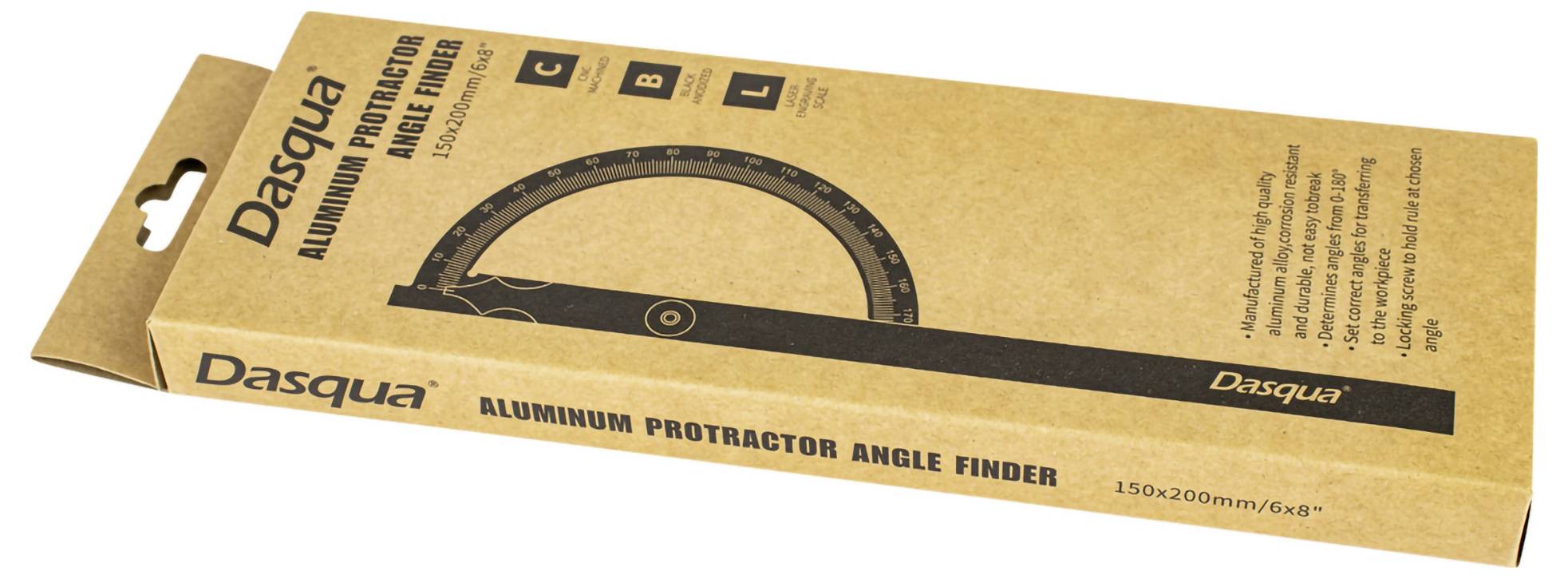 'Dasqua Aluminium Protractor Angle Finder' in einer braunen Verpackung, zeigt Werkzeugabbildung und Spezifikationen auf der Vorderseite.