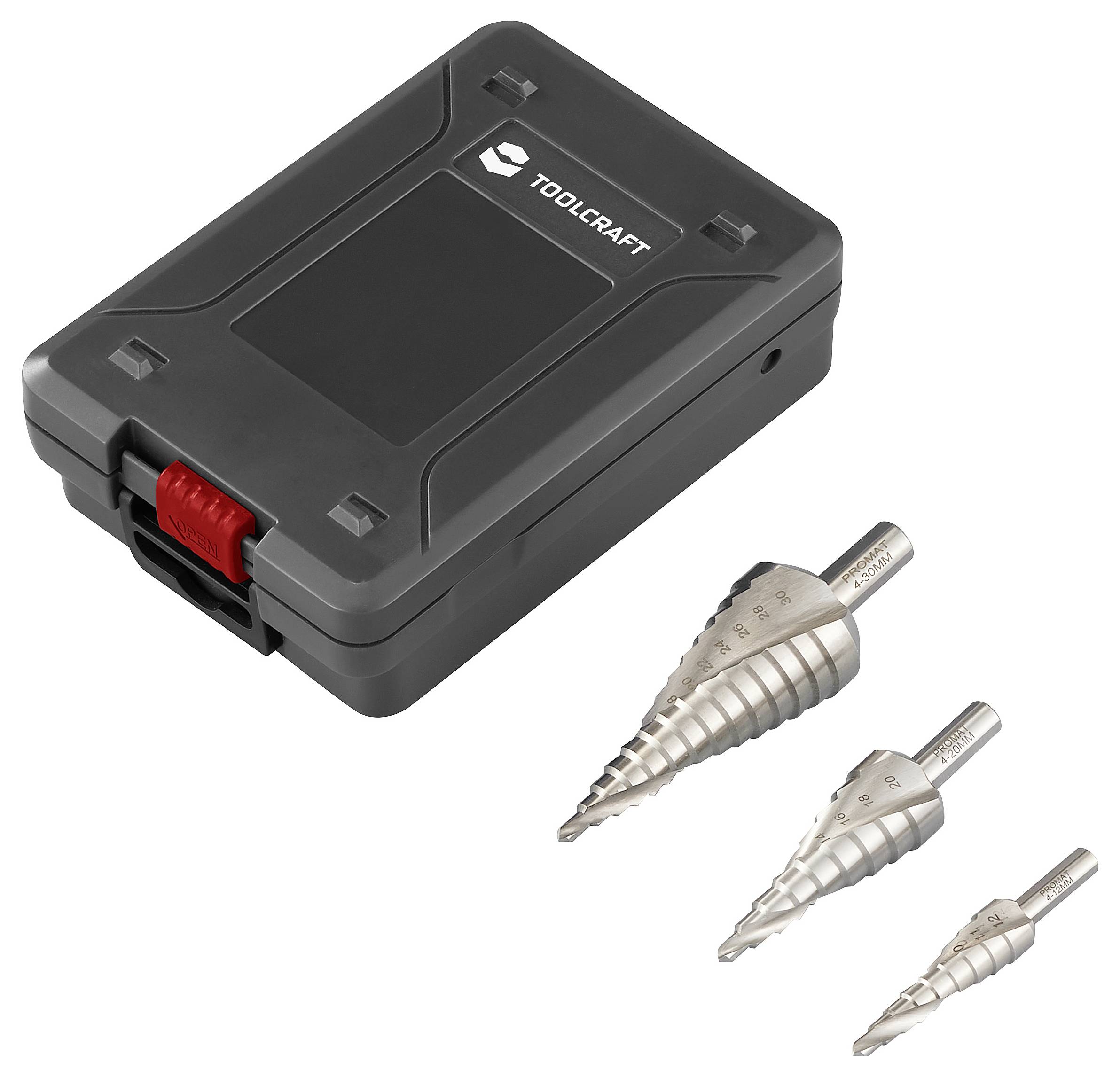 'TOOLCRAFT' Logo auf schwarzem Koffer mit rotem Verschluss, daneben drei silberne Stufenbohrer in verschiedenen Größen.