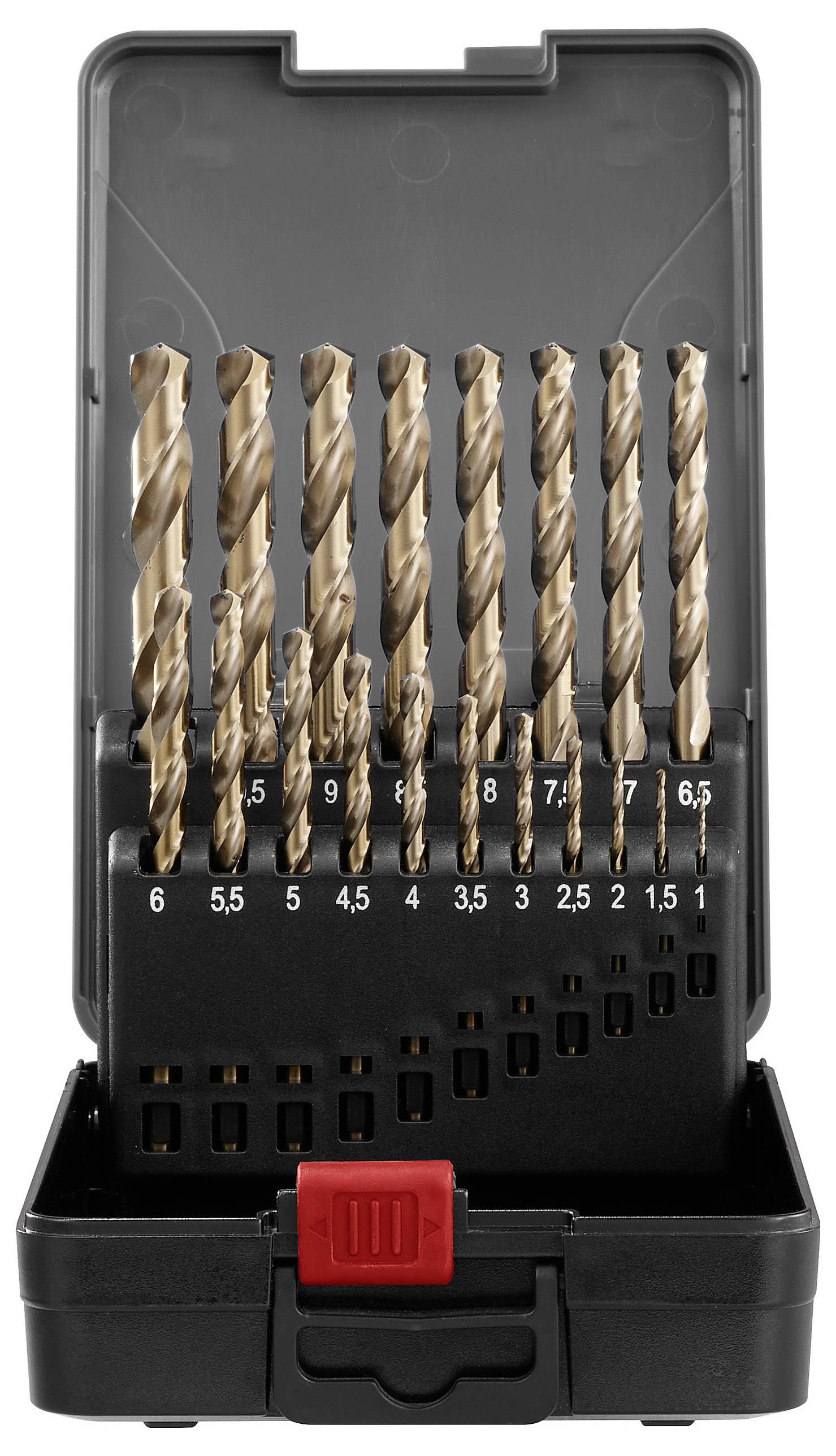 Ein Kunststoffkoffer mit zehn Metallbohrern in verschiedenen Größen von 3 bis 10 mm, geordnet in einem Halter mit nummerierten Fächern.