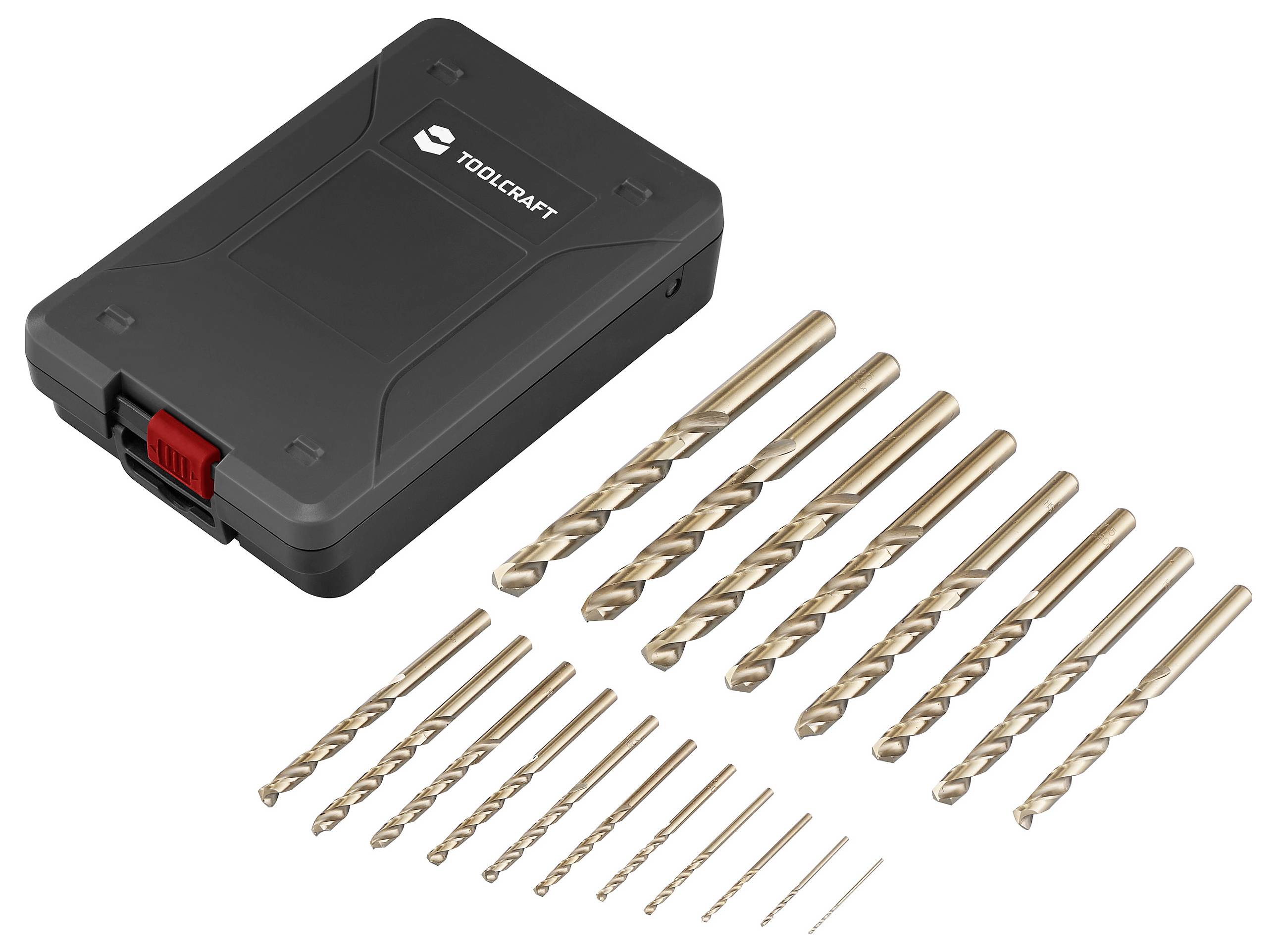 Bohrer-Set mit 19 Metallbohrern in unterschiedlichen Größen, verteilt vor einer schwarzen Aufbewahrungsbox von 'TOOLCRAFT'.
