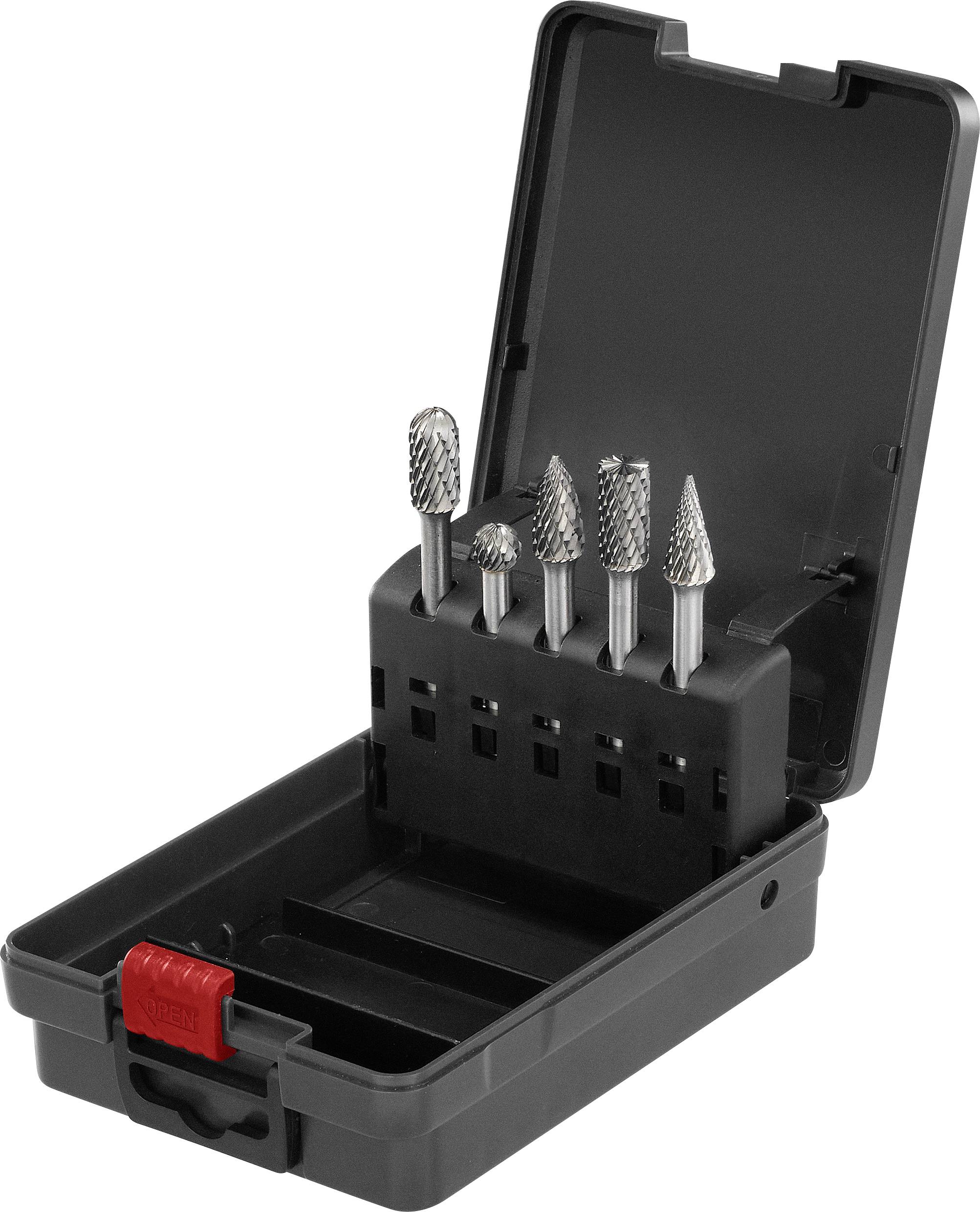 Ein schwarzer Werkzeugkasten mit offenem Deckel, der fünf verschiedene Fräser zeigt. Die Fräser haben unterschiedliche Formen und Größen.