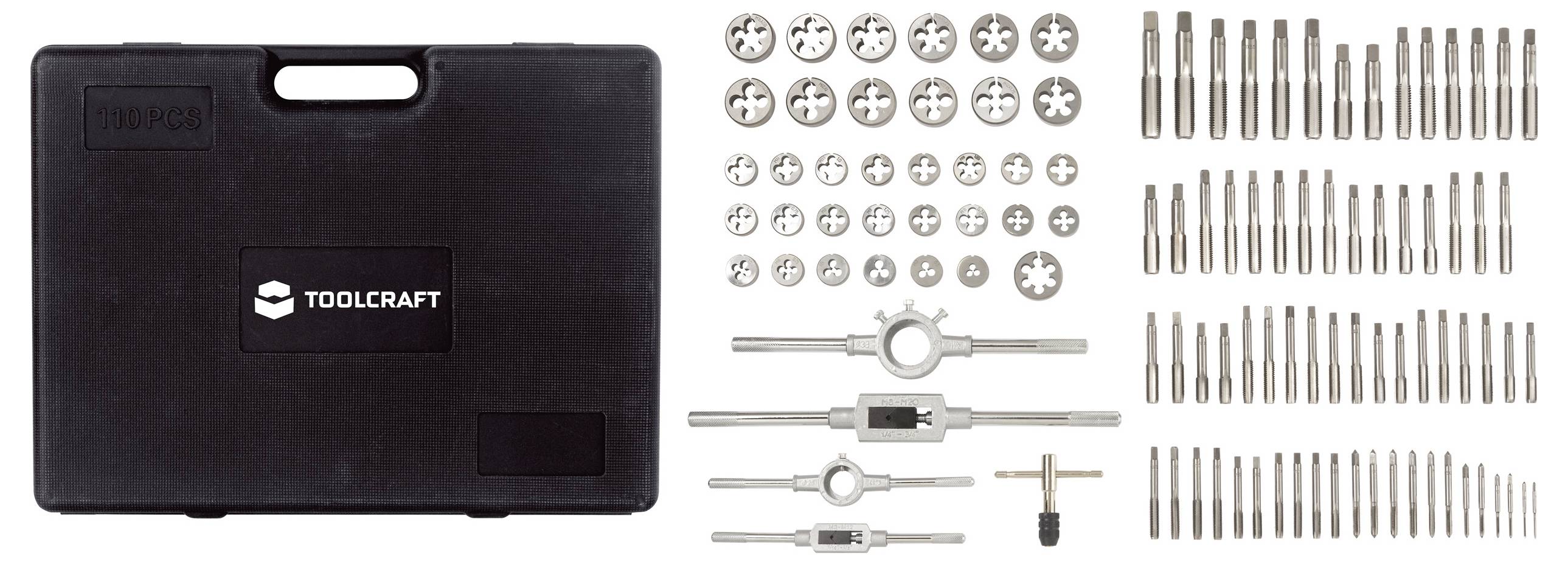 Schwarzer Werkzeugkoffer mit 'Toolcraft'-Logo, daneben Metallgewindebohrer, Schneideisen und Griffe in geordneter Anordnung.