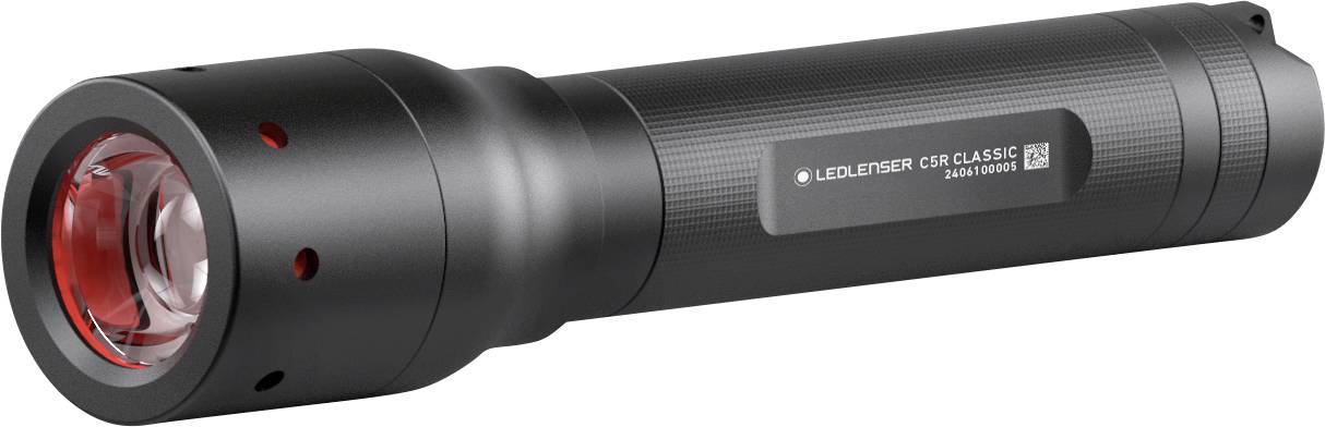 Schwarze Taschenlampe mit rotem Rand um die Linse, zylindrische Form, Batteriefachdeckel hinten mit Text 'LEDLENSER P7R CLASSIC'.