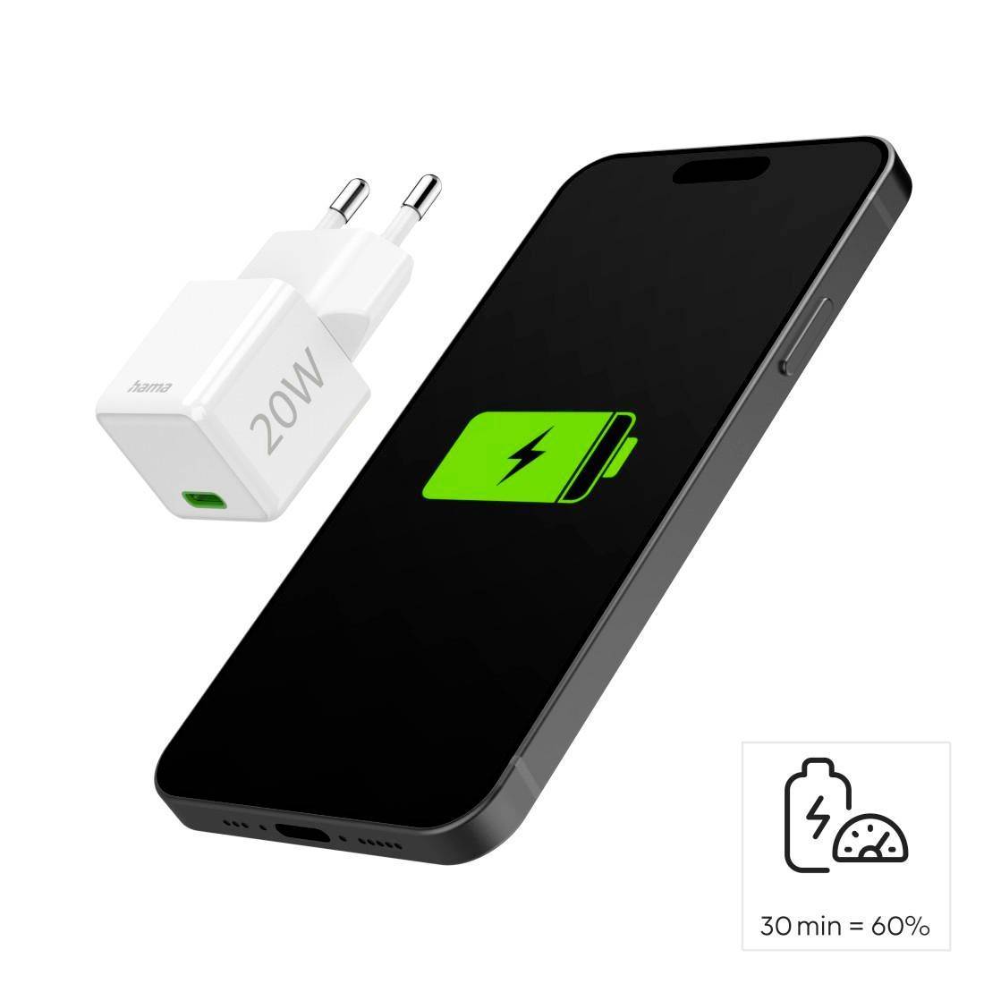 Smartphone mit Ladebildschirm und 20W-Ladegerät, zeigt schnelles Laden: 30 Min. = 60%.