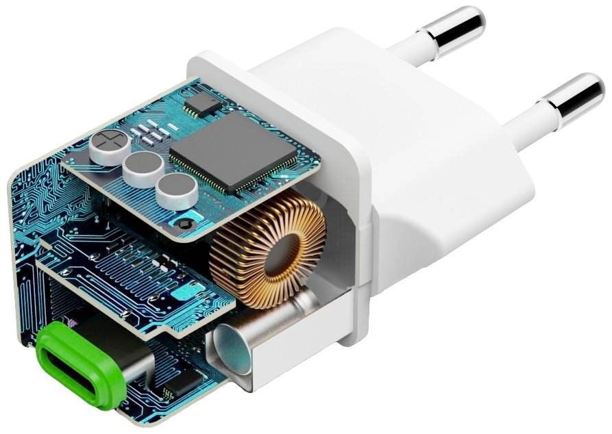 Querschnitt eines USB-Ladegeräts zeigt die interne elektronische Schaltung, einschließlich der Leiterplatten und der Kupferspule.