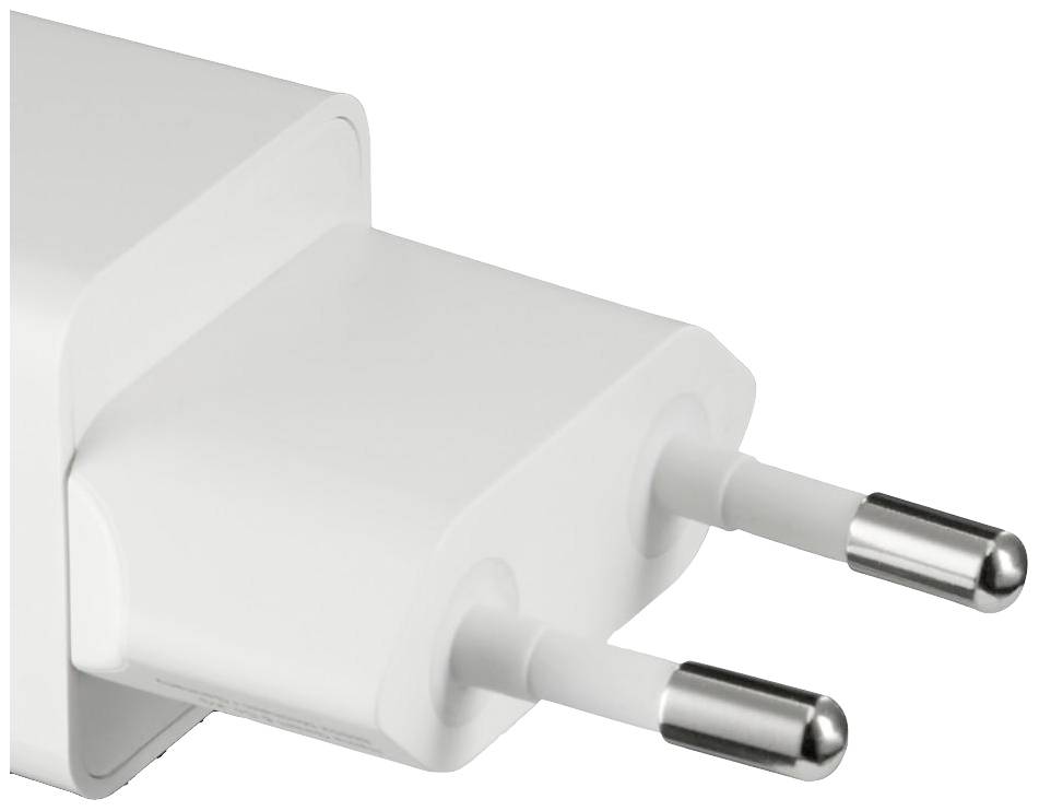 Weißes, rechteckiges Ladegerät mit europäischen Steckerstiften, geeignet für elektronische Geräte.