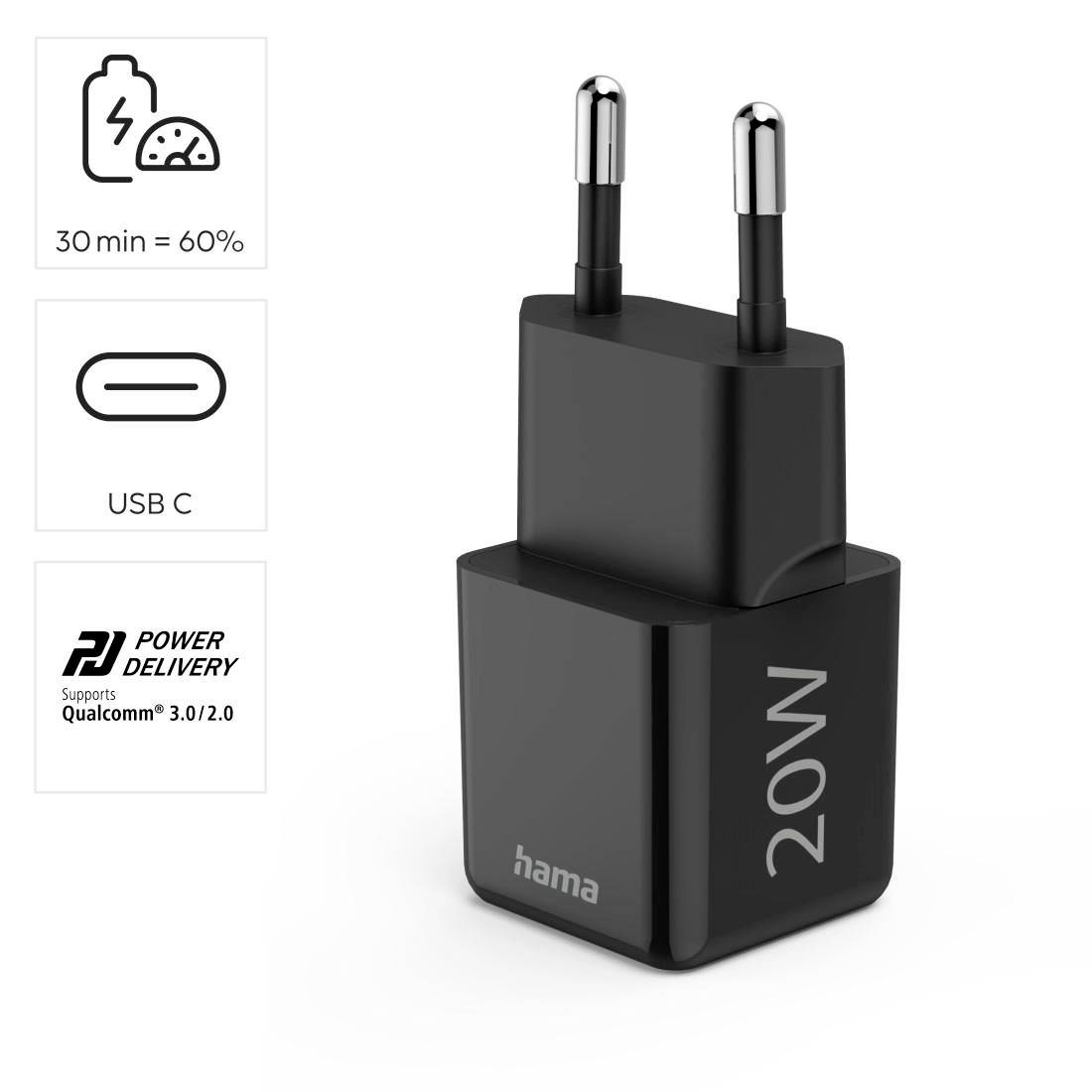 Schwarzes Hama 20W USB-C Ladegerät mit Power Delivery. Unterstützt Qualcomm 3.0/2.0. Aufladen: 60% in 30 Minuten.