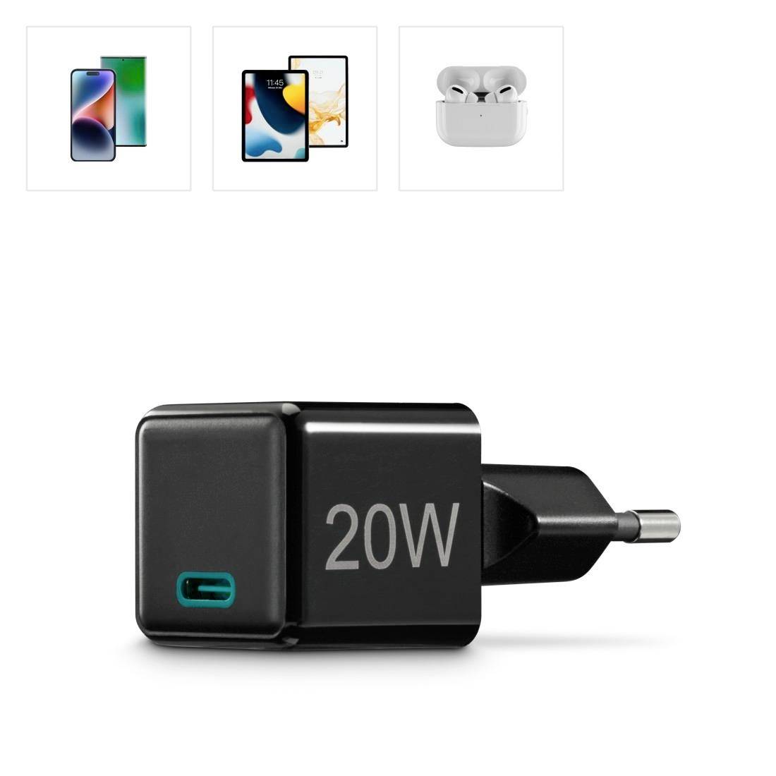 Schwarzes 20W Ladegerät mit USB-C-Anschluss, kompatibel mit Smartphones und Smartwatches. Oben links sind Bilder von Geräten abgebildet.