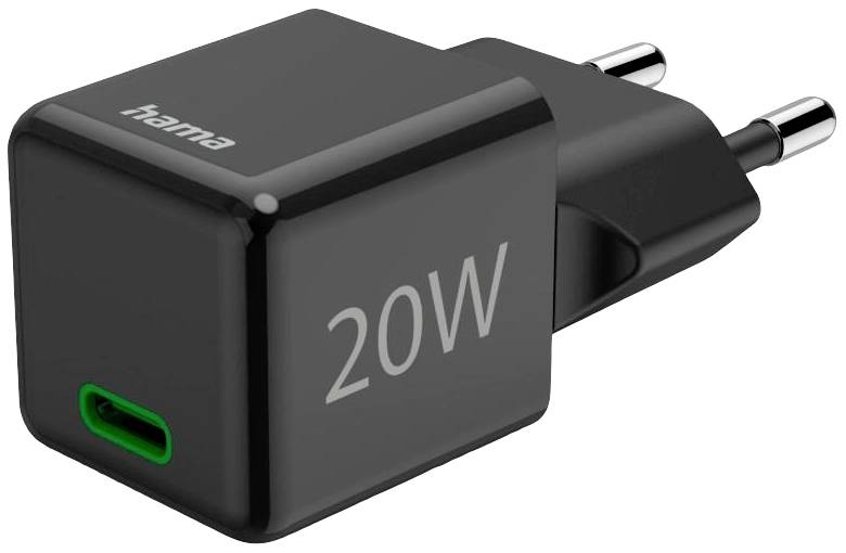 Schwarzes Ladegerät mit EU-Stecker und grüner USB-C-Buchse, 20W Leistung ist auf der Seite aufgedruckt.