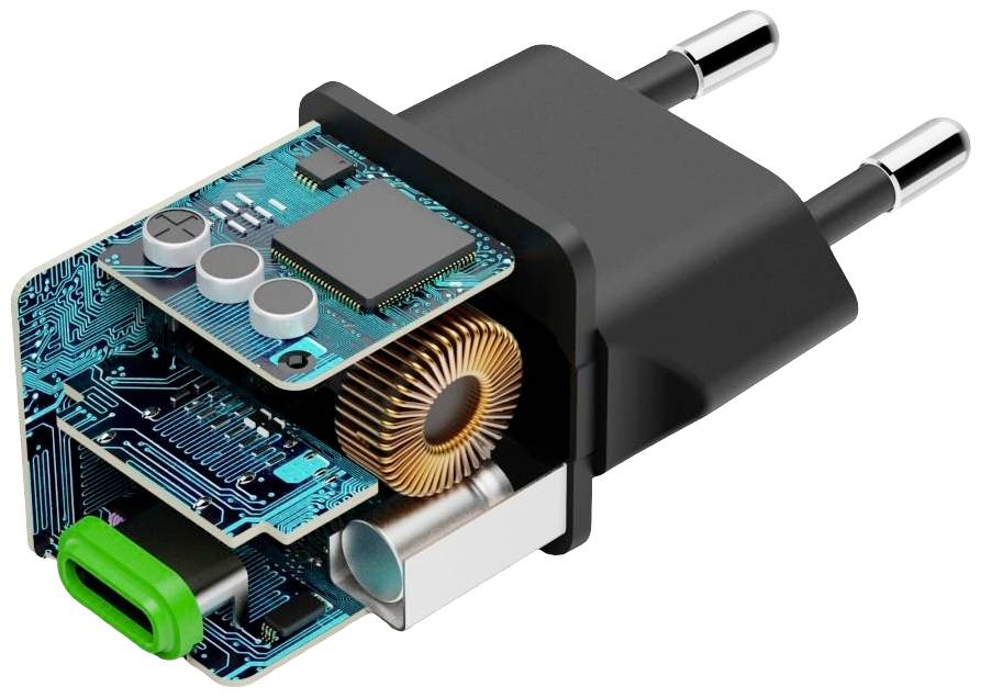 Ein aufgeschnittener Adapter zeigt die interne Elektronik mit Platinen und Bauteilen wie Spulen und Anschlüssen.