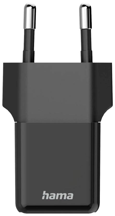 Ein schwarzes Ladegerät mit zwei Steckern, Marke 'Hama', abgebildet auf einem weißen Hintergrund.
