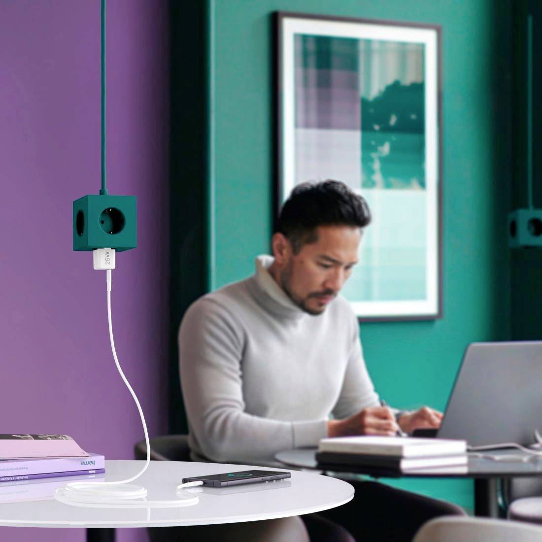 Eine Person arbeitet konzentriert an einem Tisch mit Laptop und Notizbuch in einem modern eingerichteten Büro mit grüner Wand.