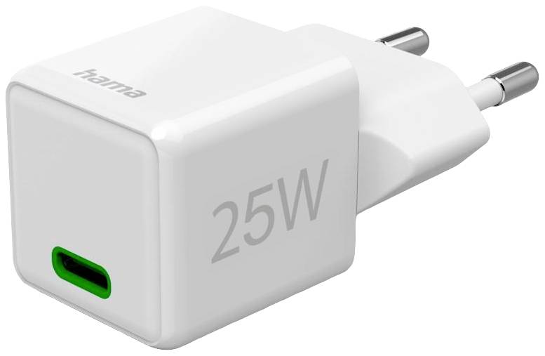 Weißes USB-C-Ladegerät mit der Aufschrift '25W' und europäischem Stecker, passend zum schnellen Laden von Geräten.