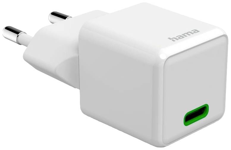Weißer USB-Wandladeadapter von Hama mit EU-Stecker und grünem USB-C-Anschluss. Geeignet für das Laden elektronischer Geräte.