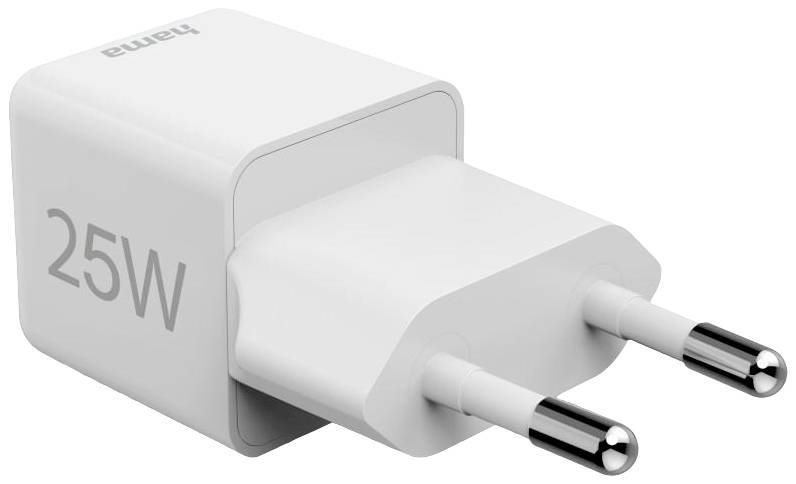 Ein weißes Ladegerät mit der Aufschrift '25W' und EU-Stecker, zur schnellen Aufladung von Geräten.