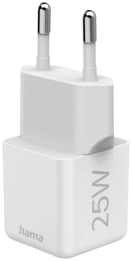 Weißes Hama-Ladegerät mit EU-Stecker, 25W Leistung, geeignet zum schnellen Aufladen von Smartphones und Tablets.