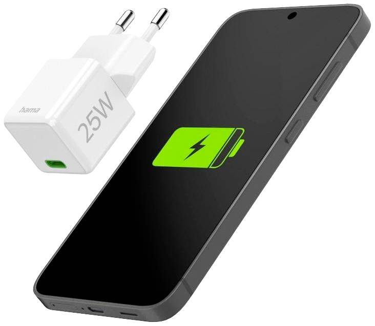 Smartphone wird mit einem 25W-Ladegerät geladen, das durch ein grünes Batteriesymbol auf dem Bildschirm angezeigt wird.