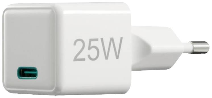 Weißes USB-C-Ladegerät mit der Aufschrift '25W', zeigt den Stecker und den Anschluss an der Vorderseite.