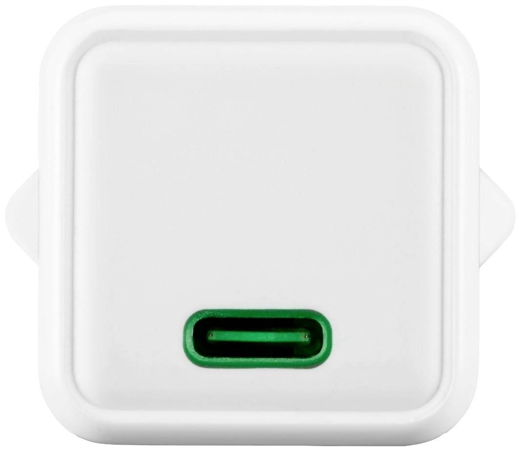 Weißer USB-Ladeadapter mit grünem USB-C-Anschluss, quadratisches Design.