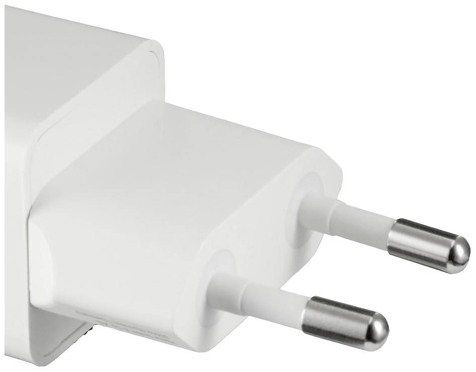 Ein weißer Steckdosenadapter mit zwei runden Metallstiften, geeignet für europäische Steckdosen.