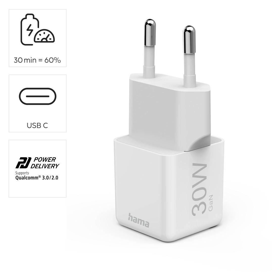 Ein weißes USB-C-Ladegerät mit der Aufschrift '30W GaN', unterstützt Power Delivery und Qualcomms Schnellladeversionen 3.0/2.0.