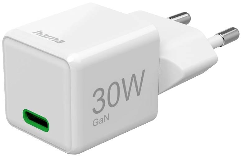 Ein weißes Hama USB-C Ladegerät mit 30W GaN-Technologie und Eurostecker, geeignet zum schnellen Aufladen von elektronischen Geräten.