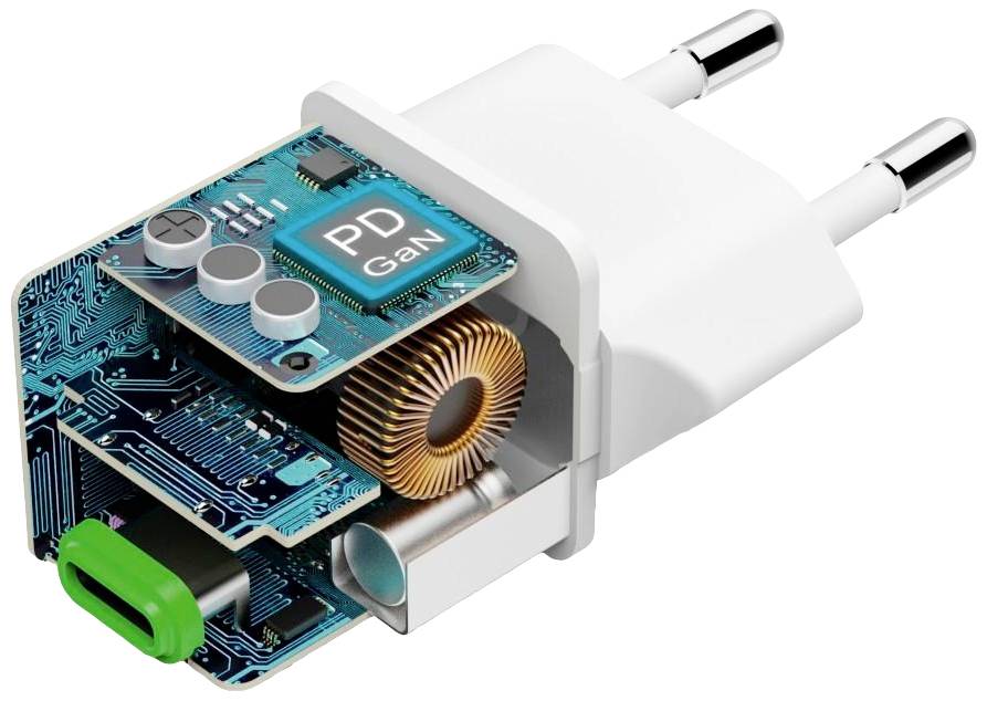 Offener Schnitt eines USB-Netzteils, der die interne Elektronik mit Kupferspulen und Schaltkreisen zeigt. Aufschrift 'PD GaN'.