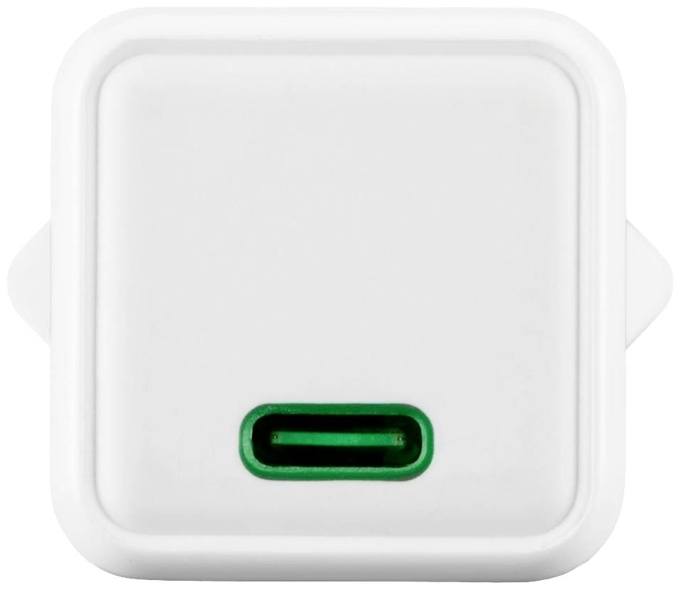 Ein weißer USB-C Ladeadapter mit einem grünen Anschluss, frontal abgebildet.