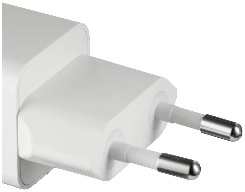 Weißes USB-Wandladegerät mit europäischem Stecker und zwei Pins, geeignet für den Anschluss an eine Steckdose.