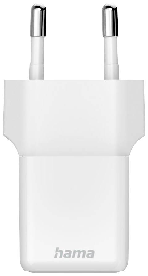 Ein weißes USB-Ladegerät mit zwei Steckern und dem Schriftzug 'hama' unten.
