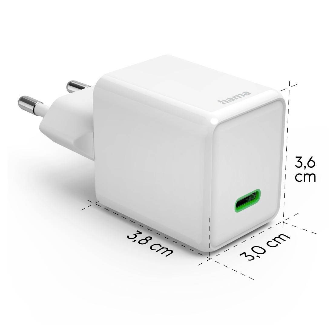 Abgebildet ist ein weißes Ladegerät von Hama mit USB-Anschluss. Die Maße sind 3,8 cm x 3,0 cm x 3,6 cm.
