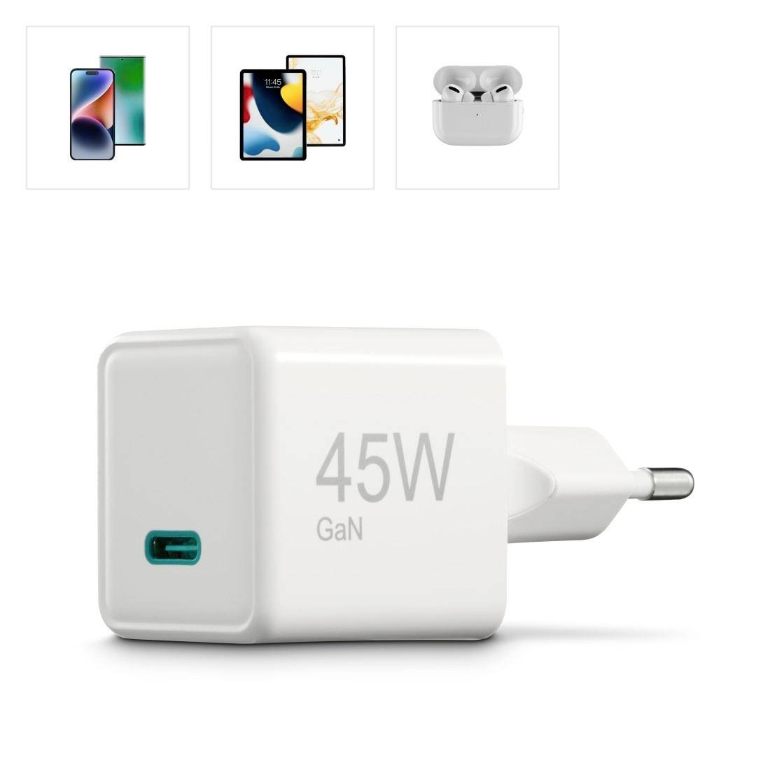 Weißes GaN-Ladegerät mit 45W Leistung. Geeignet zum Laden von Smartphones und kabellosen Ohrhörern. Kompaktes Design, USB-C-Anschluss.