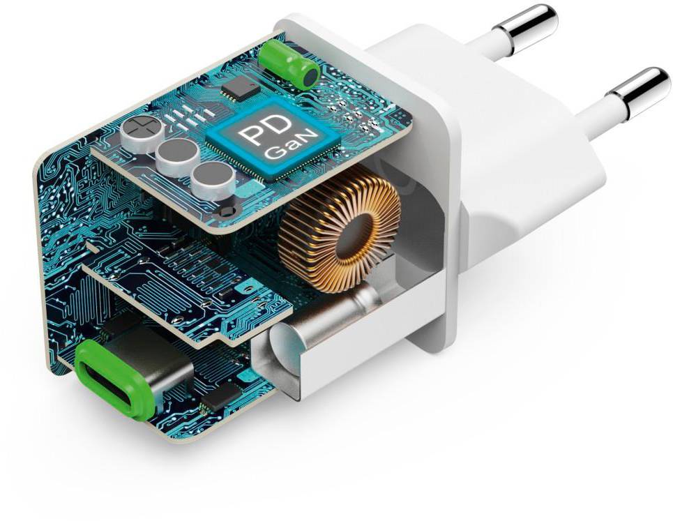Querschnittsansicht eines USB-C-Ladegeräts mit sichtbarer Elektronik, einschließlich der Aufschrift 'PD GaN' und einer Spule.
