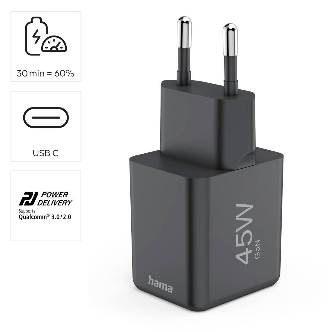 Schwarzes 45W USB-C-Ladegerät. Unterstützt Power Delivery und Qualcomm 3.0/2.0. Lädt 60% in 30 Minuten. Geeignet für schnelles Laden.