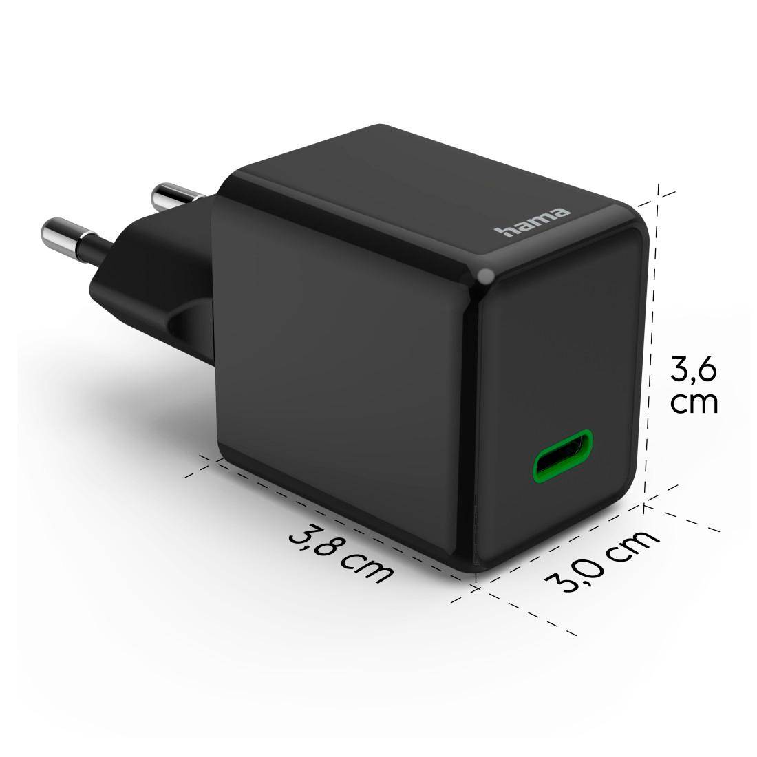Ein schwarzes USB-C-Ladegerät mit abgerundeten Kanten, Aufschrift 'hama'. Maße: 3,8 x 3,6 x 3,0 cm.