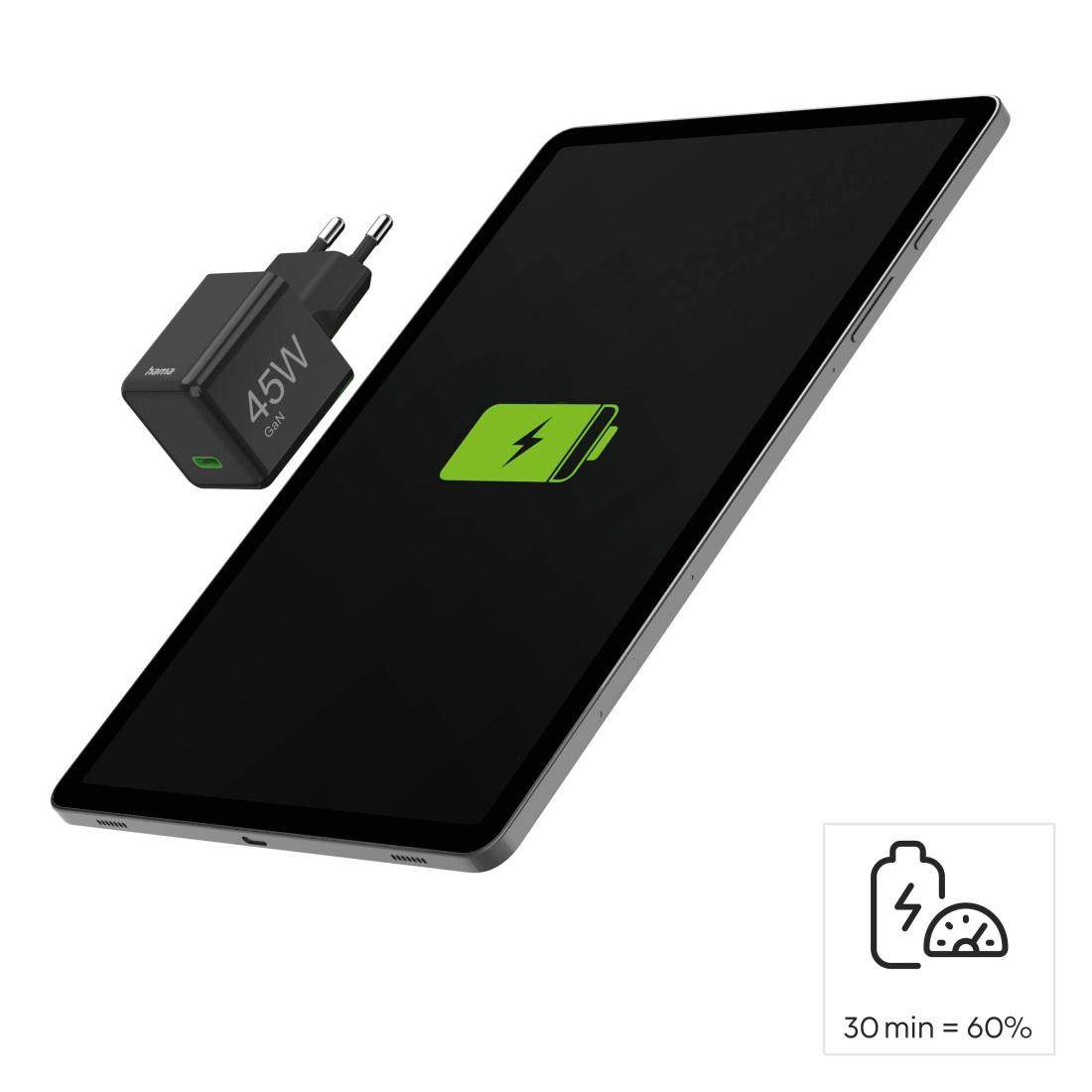 Ein Tablet und ein 45W Ladegerät. Auf dem Tablet ist ein Batteriesymbol zu sehen. Diagramm: 30 Min. Ladezeit = 60% Akku.