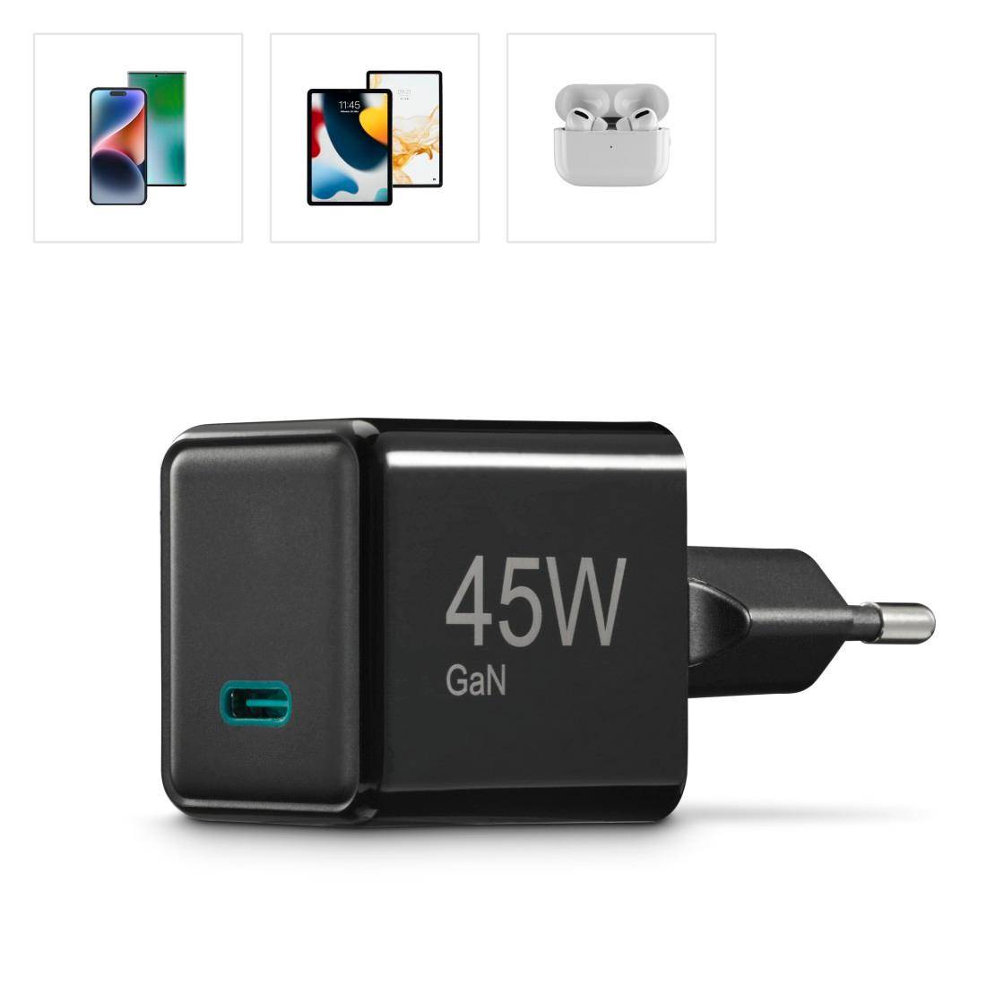 Schwarzes 45W GaN-Ladegerät mit Eurostecker. Kompatibel mit Smartphones und kabellosen Ohrhörern.